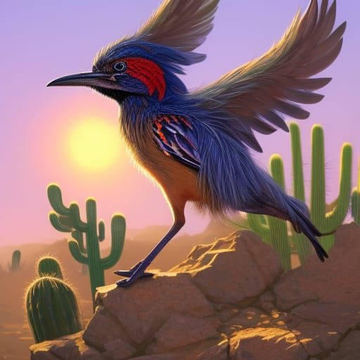 Road Runner Bird Races Past Cactus