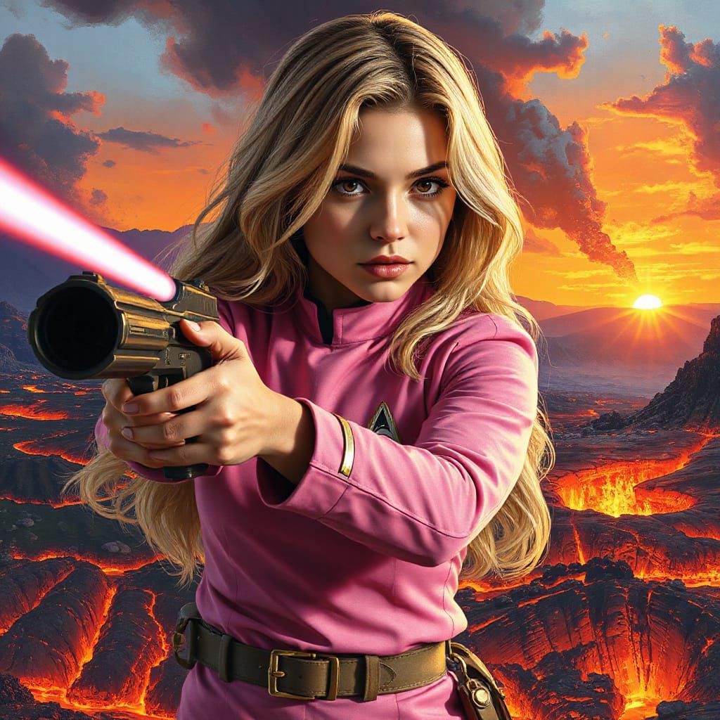 Woman Fighting with Laser Pistol in Volcanic Landscape