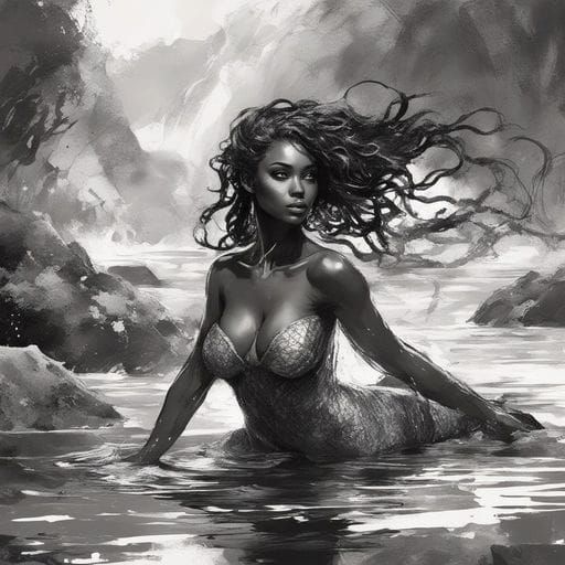 Beautiful Black Mermaid Portrait in Splash Art Style