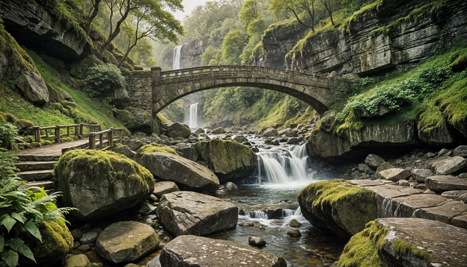 Rustic Stone Bridge in Serene Forest Gorge