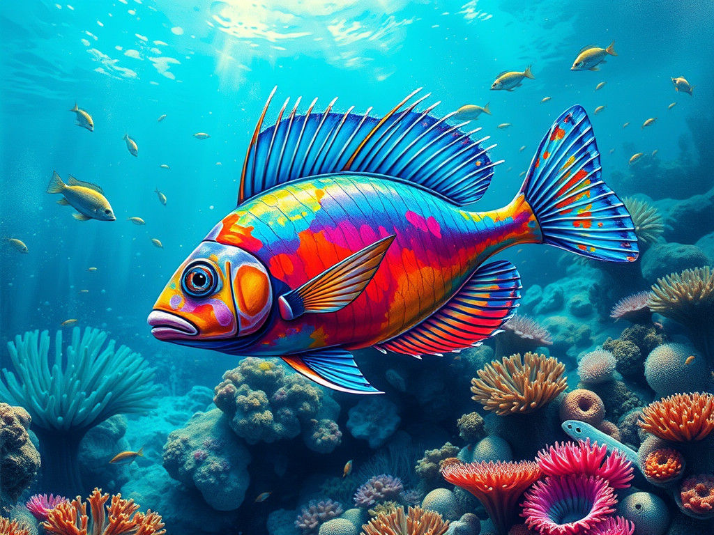 Iridescent Trigon Fish in Polychromatic Coral Reef