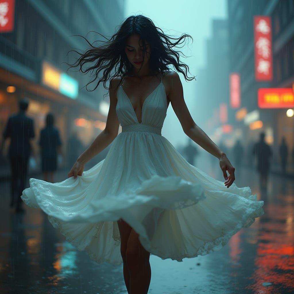 Woman Dancing in Rainy Cityscape with Neon Lights