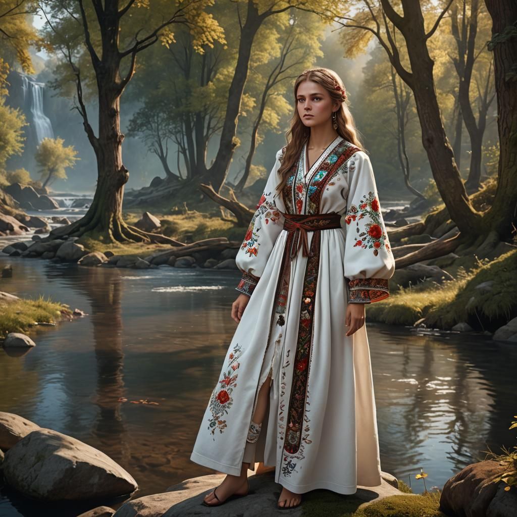 Bulgarian Folk Costume in Oak Forest, Detailed Painting