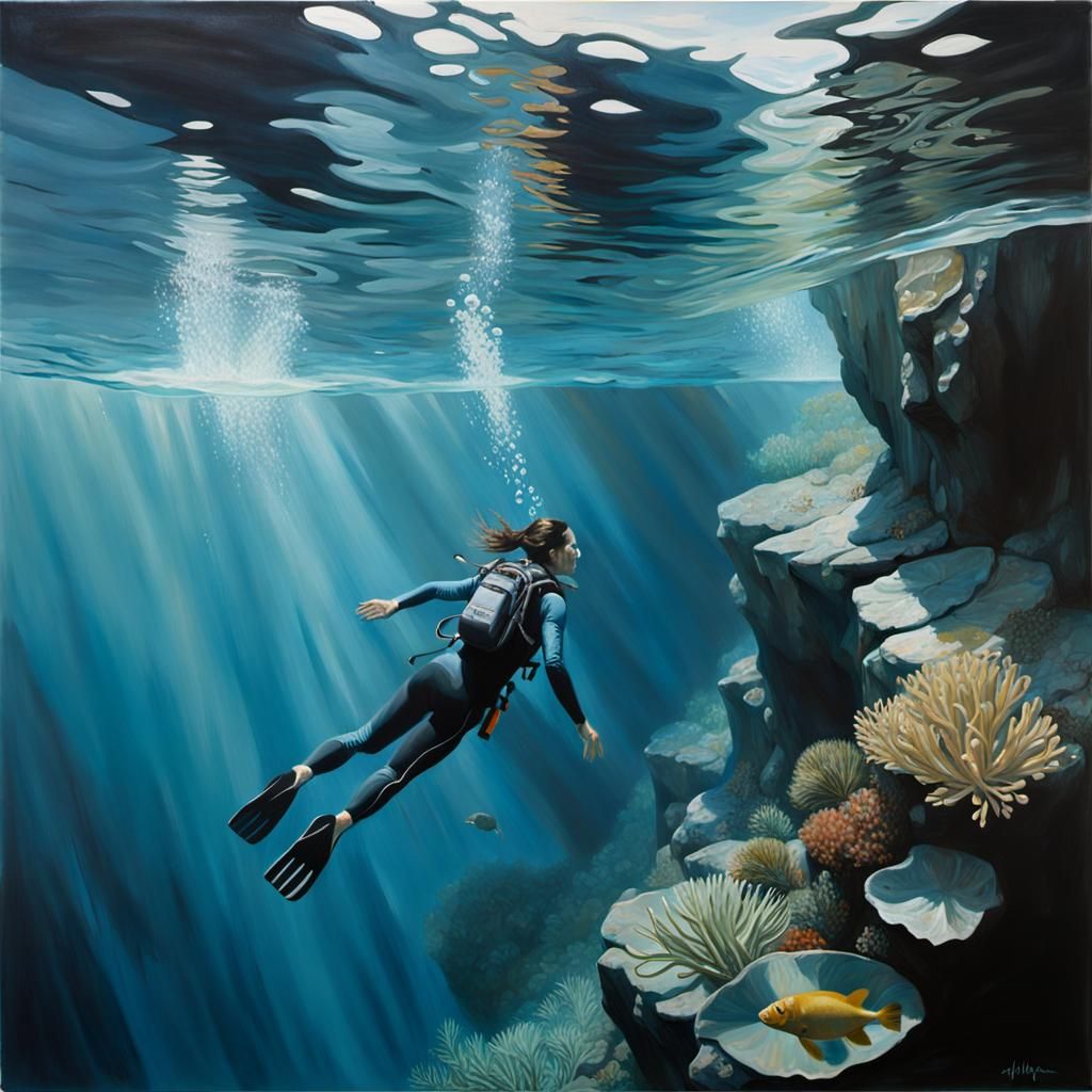 Hyperrealistic Diver Near Underwater Cliff