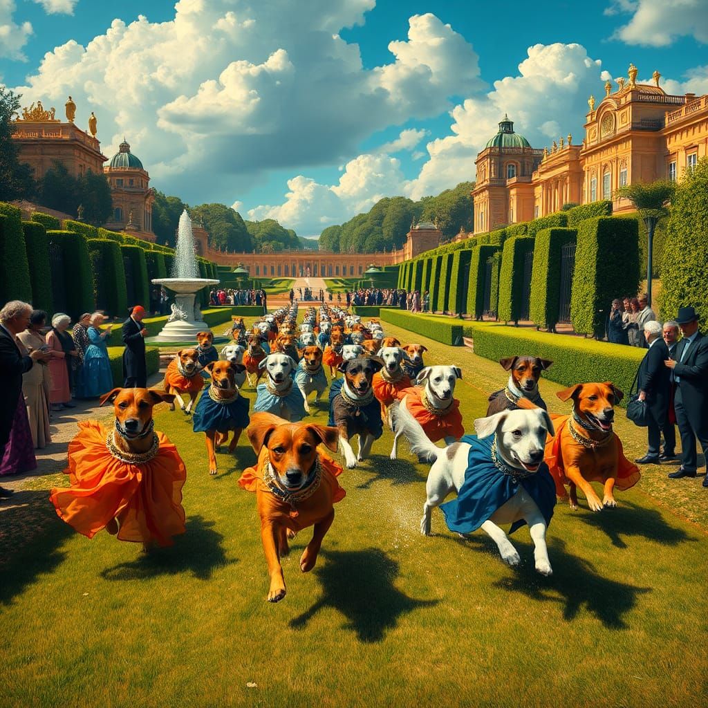 Surreal Dog Race in Versailles, a Dalí Dreamscape