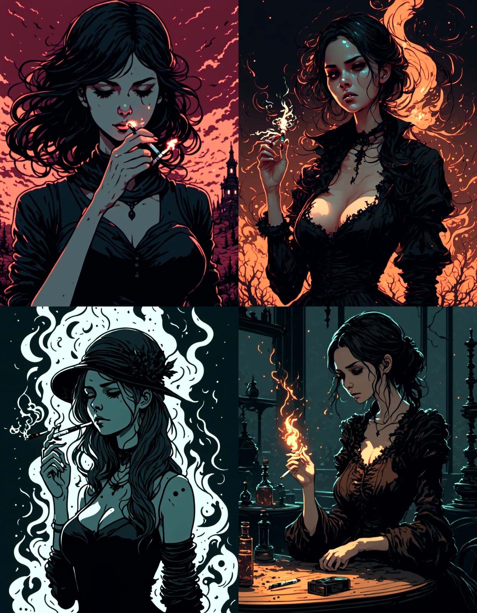 Gothic Girl Smoking Cigarette in Vector Line Art