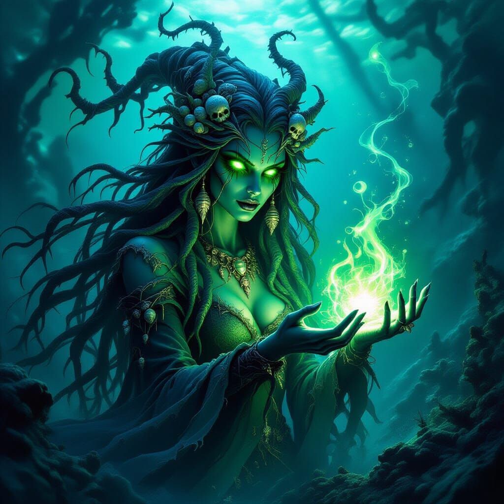 Sinister Sea Witch Conjures Spell in Bioluminescent Abyss