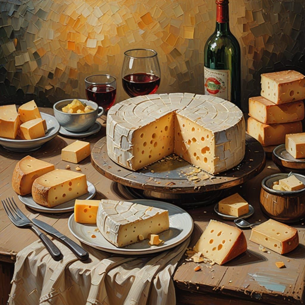 Naive Art Cheese Wheel in Rustic Setting