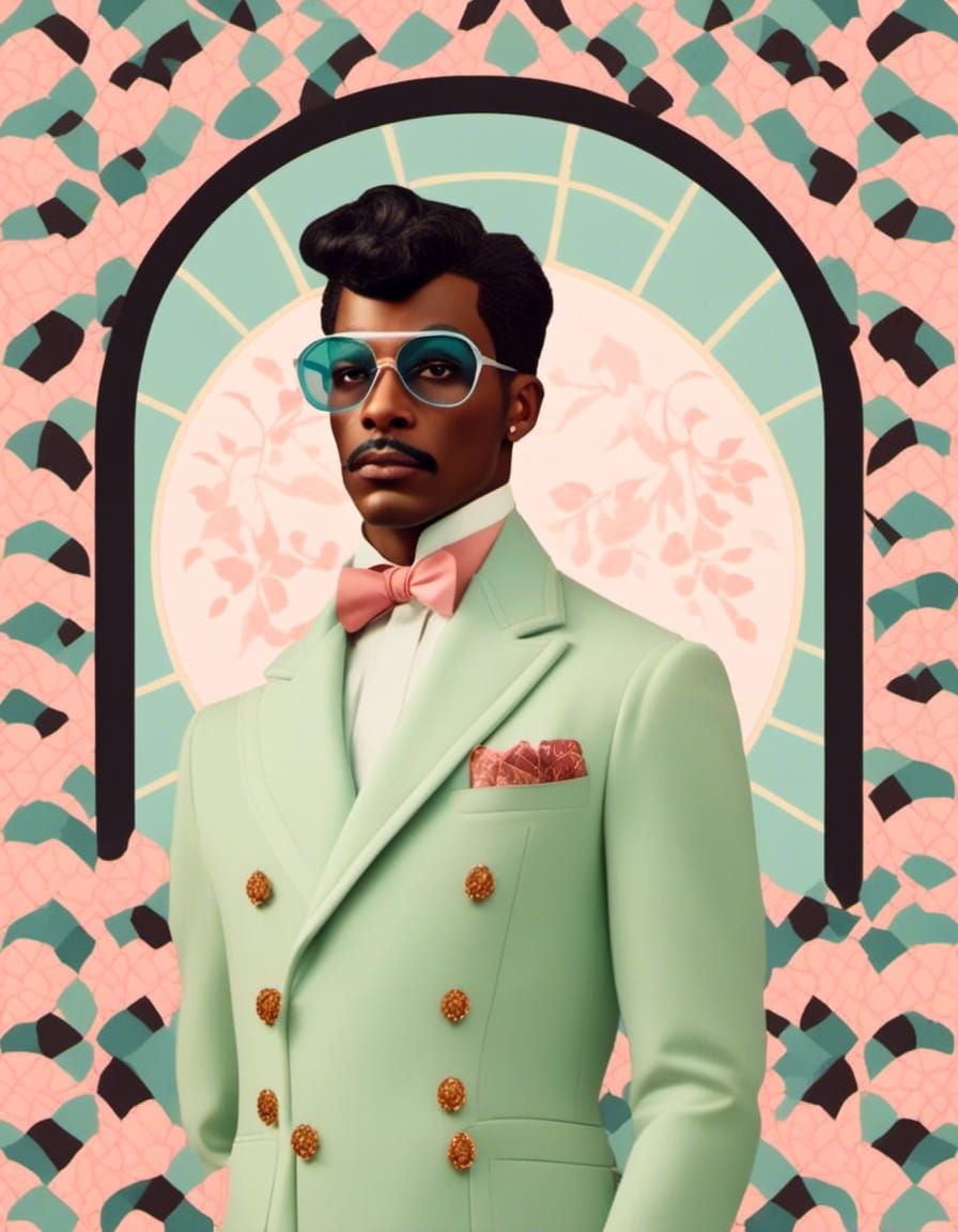 A poster for a strong black drag king from a Wes Anderson movie in subtle spring colors in the style of <lora:Drag Poste...