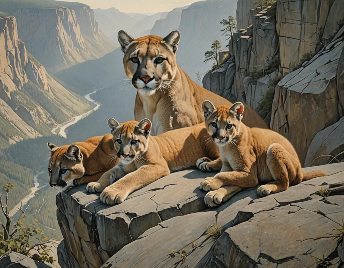 Cougar and Cubs Over Canyon in Realist Style