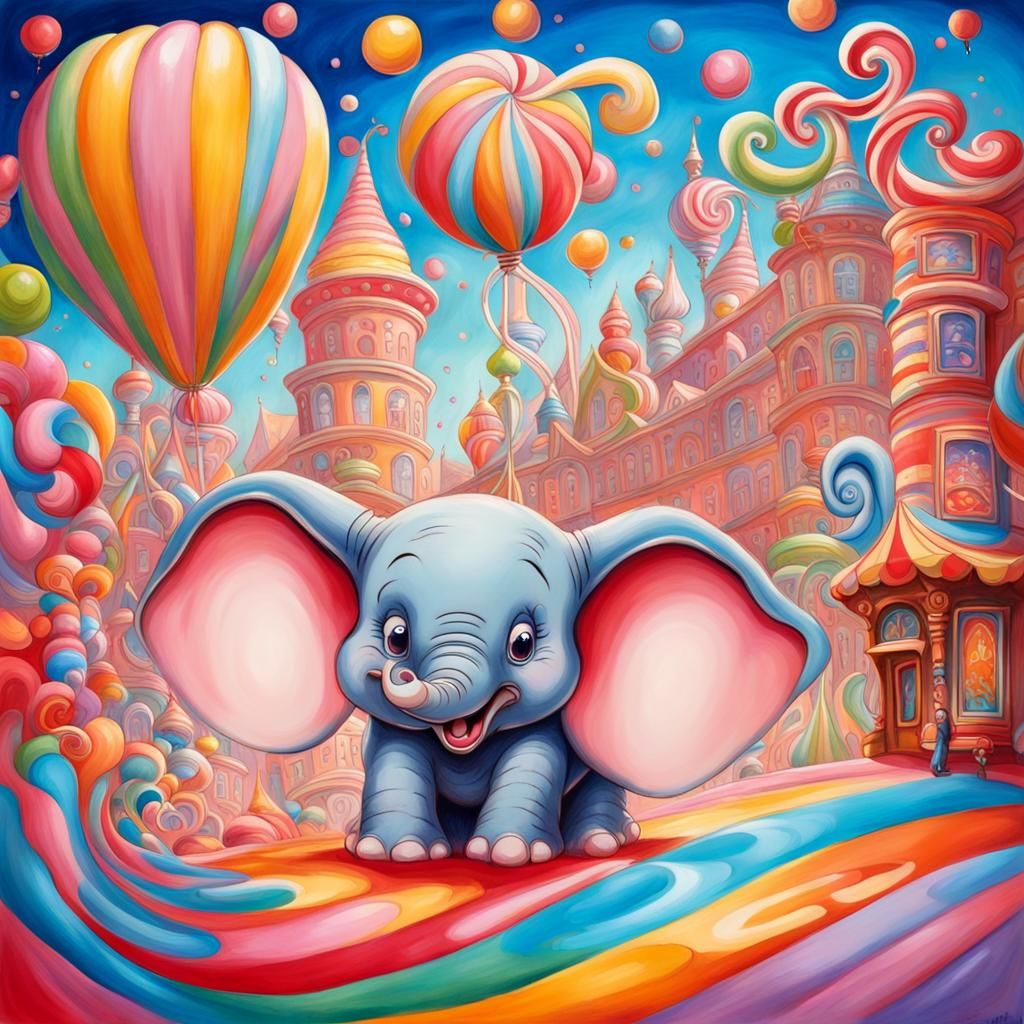 Dumbo in a Candyland Wonderland, Gouache Painting