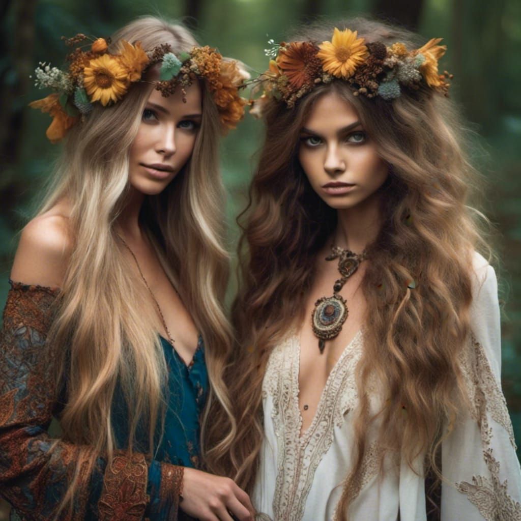 Two Beautiful Witches Dancing with Brooms