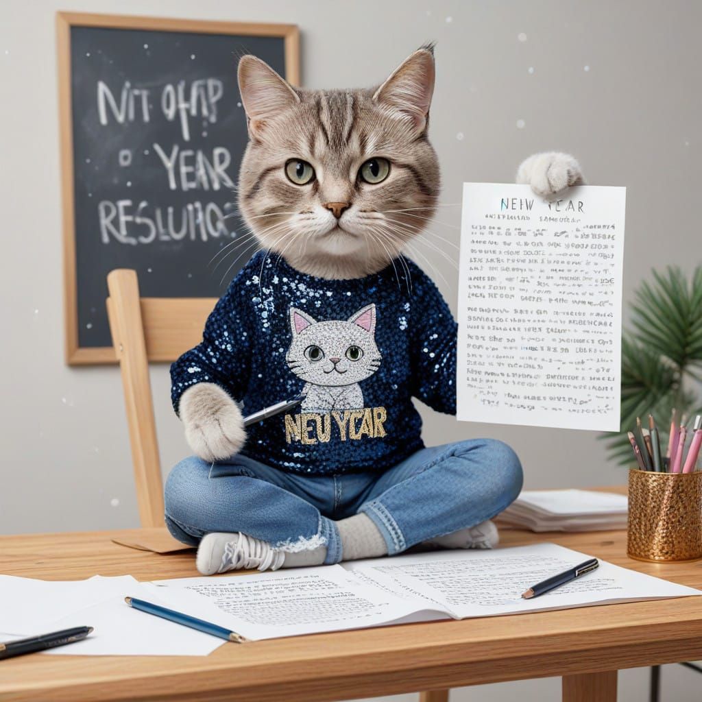 Cute Kitten Makes New Year Resolutions in Holographic Style