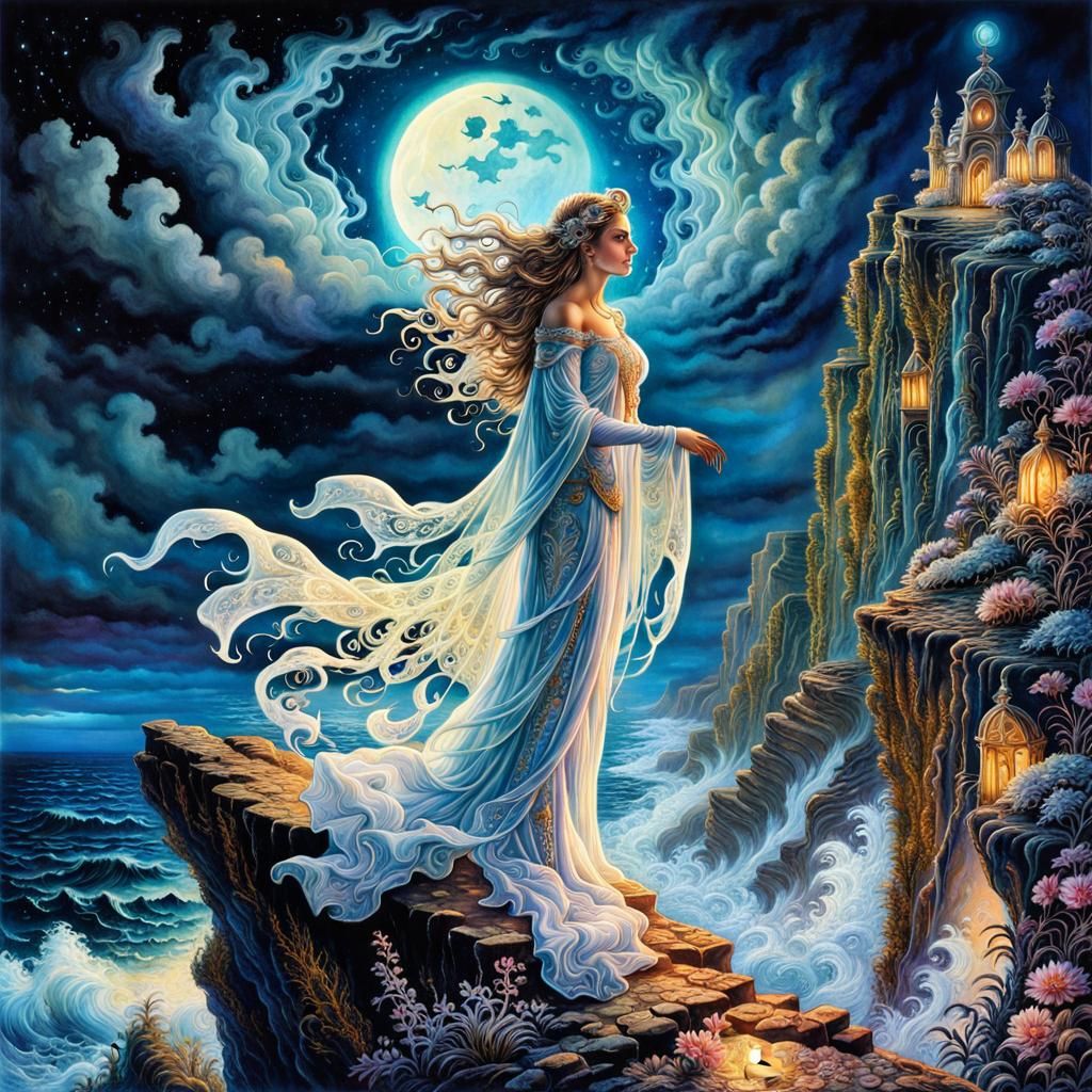 Ethereal Specter Overlooking the Ocean as Watercolor Art