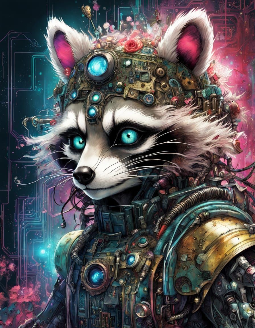 Cybernetic Raccoon Portrait with Glitch Art Style