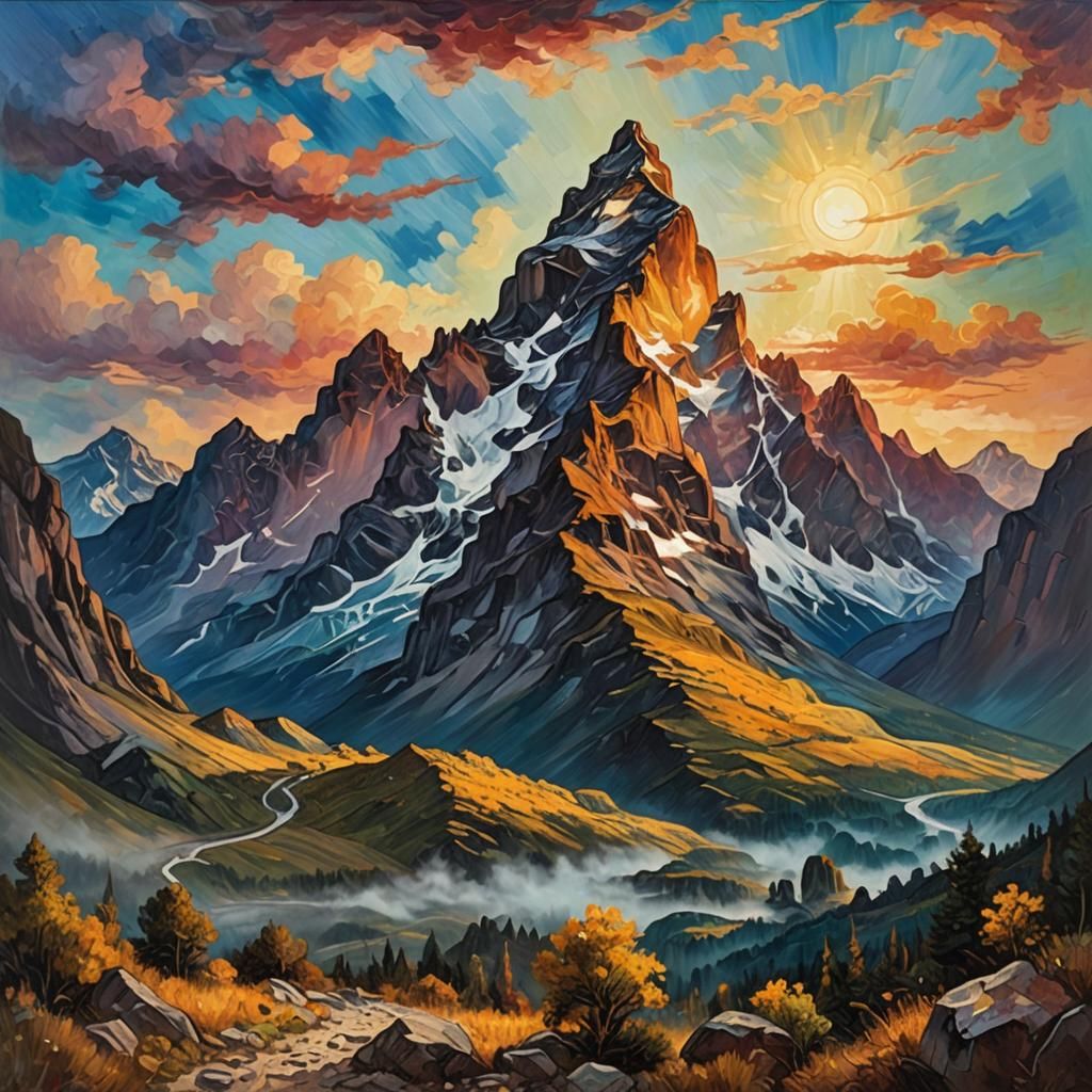 Mountain Peak at Dawn in Post-Impressionist Style