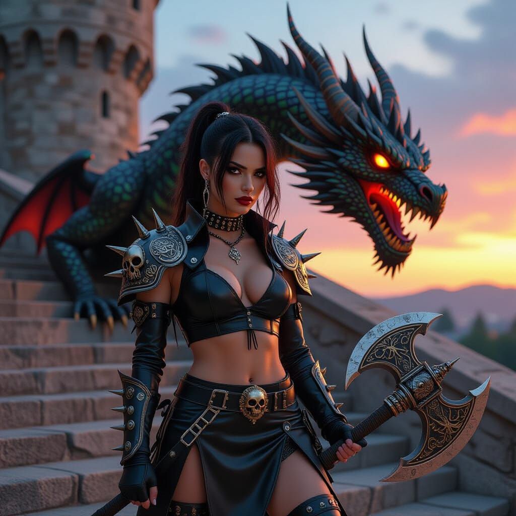 Punk Goth Warrior and Iridescent Dragon, Photorealistic Digi...