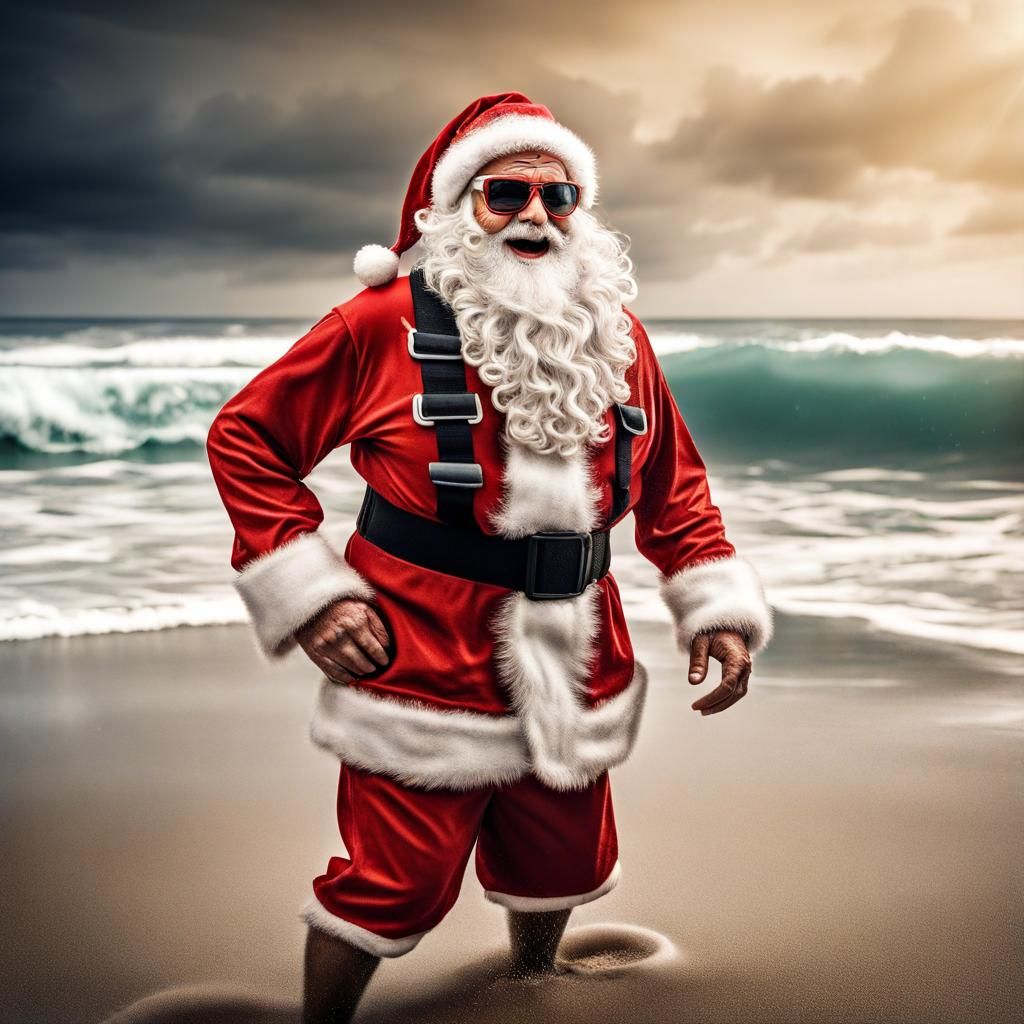Santa Claus on Vacation: A Hyperrealistic Beach Scene
