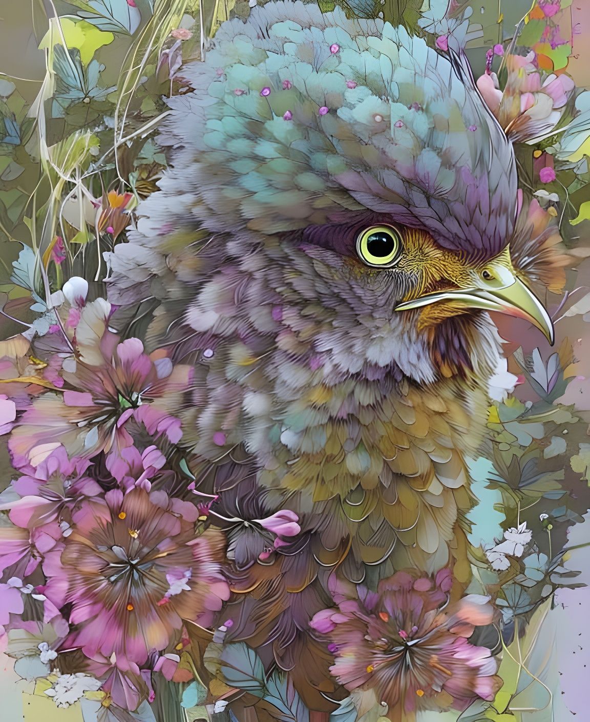 Fluffy Baby Chicken Portrait in Blooming Garden