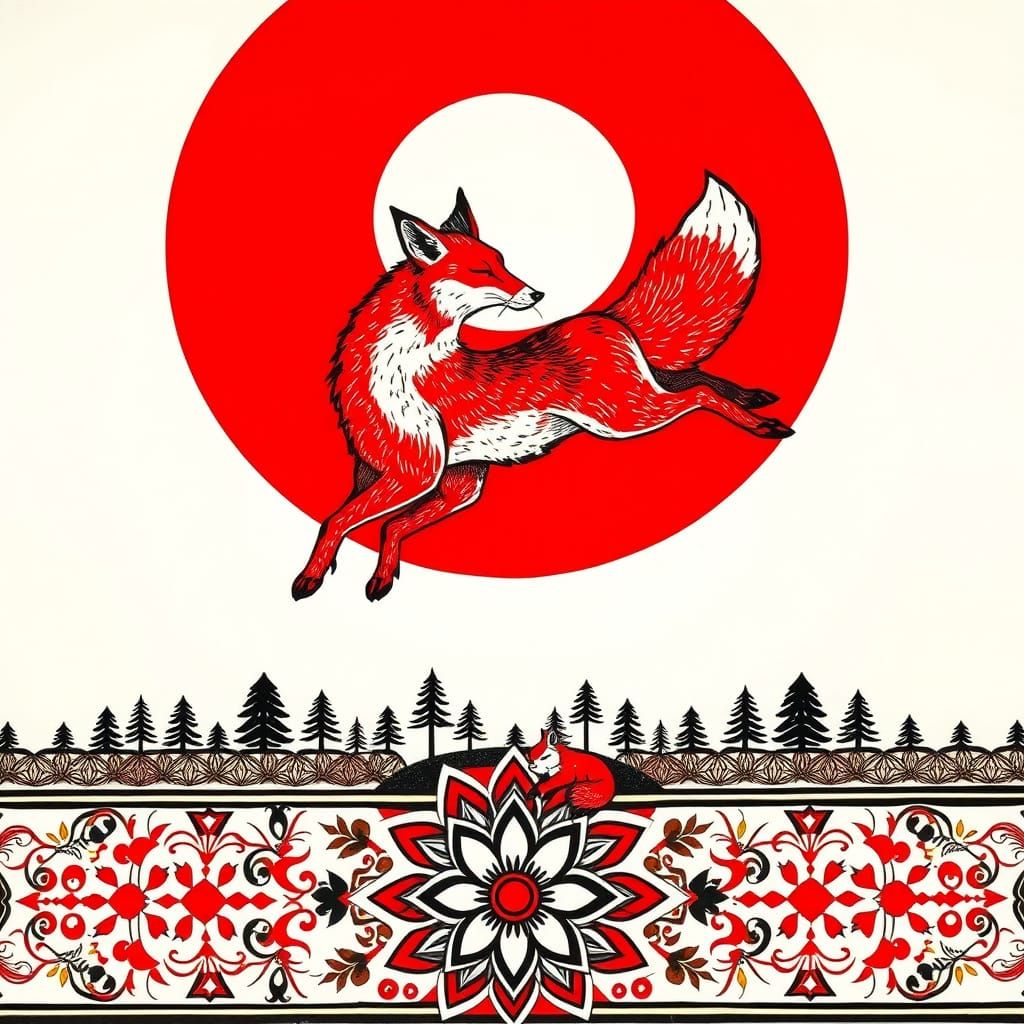 Vibrant Folk Art Fox in Mid-Air Leap
