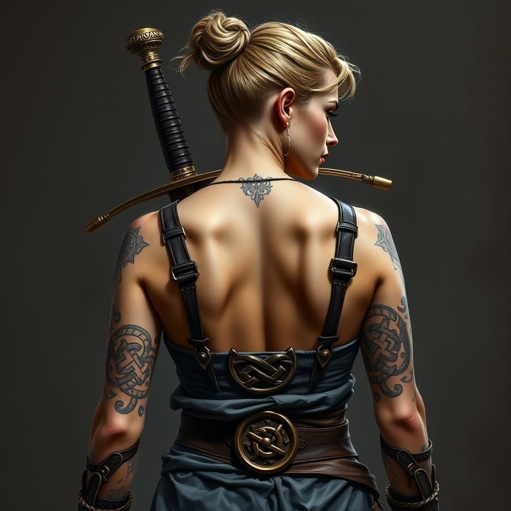 Warrior Woman with Celtic Tattoos and Ornate Sword