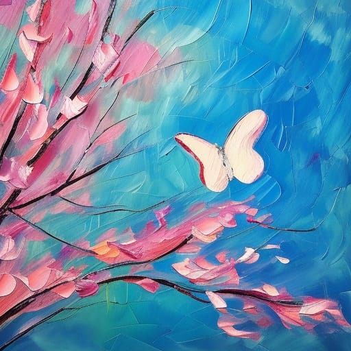 White Butterfly on Cherry Blossom Branch as Impasto Painting