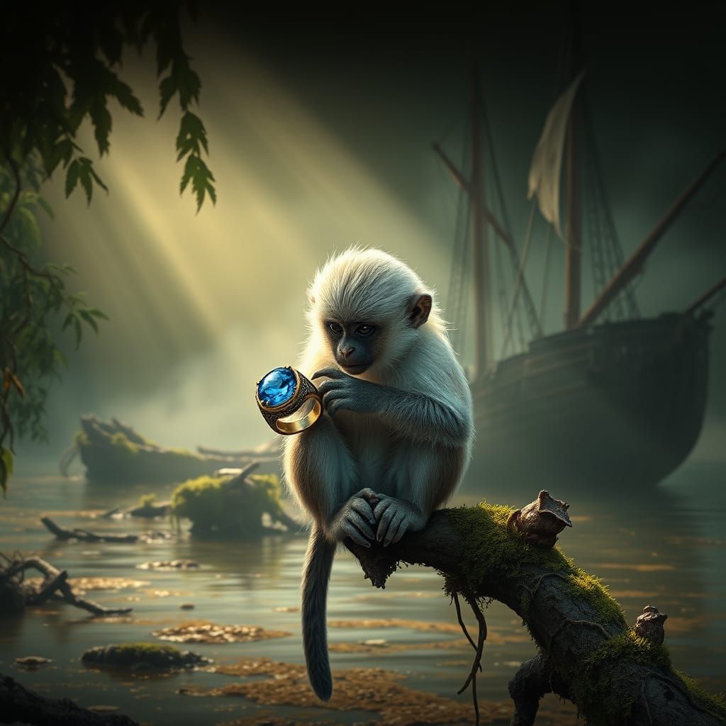 Monkey and Sapphire Ring in Misty Rainforest
