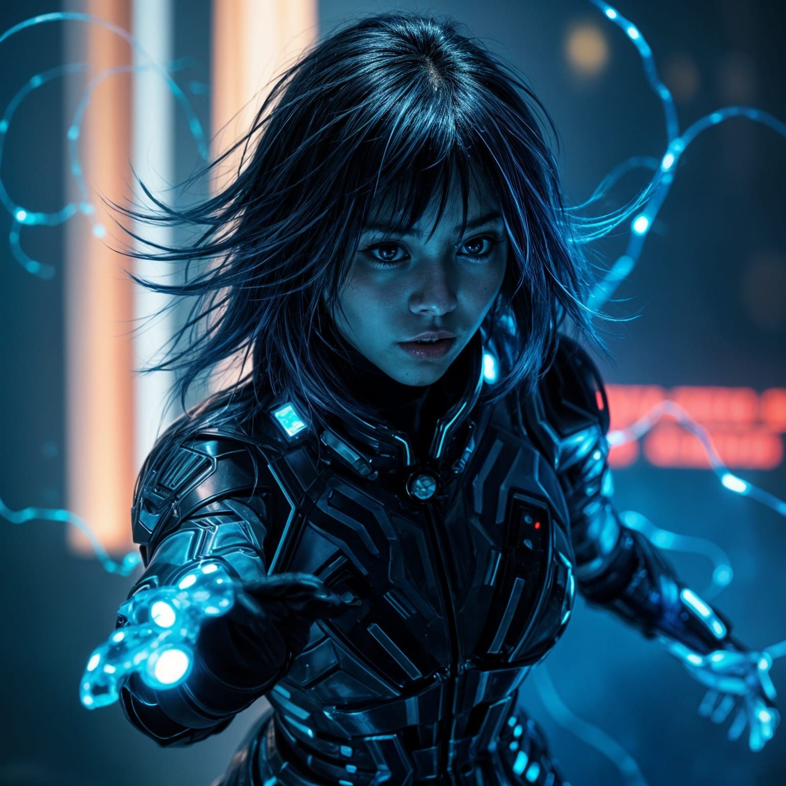 Futuristic Japanese Anti-Heroine in Cyberpunk Armor