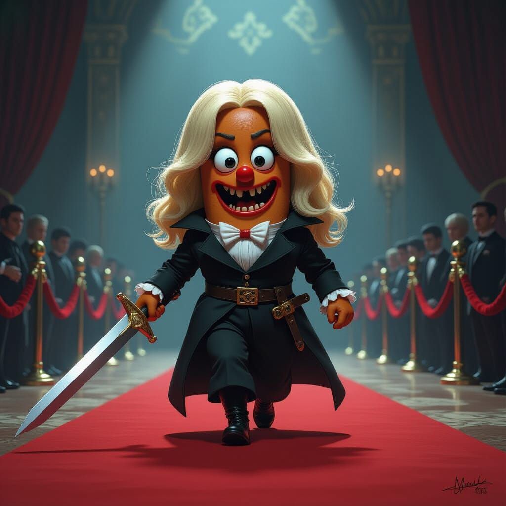 Spooky Hotdog Warrior Marches Red Carpet with Sword