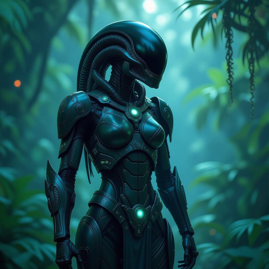 Futuristic Xenomorph Warrior in Bioluminescent Jungle