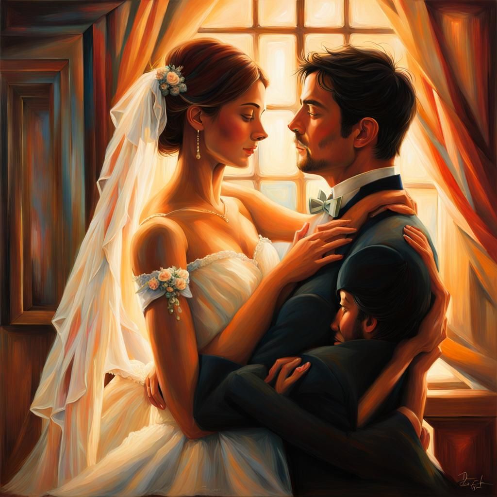 Newlyweds' Intimate Embrace in Soft Light