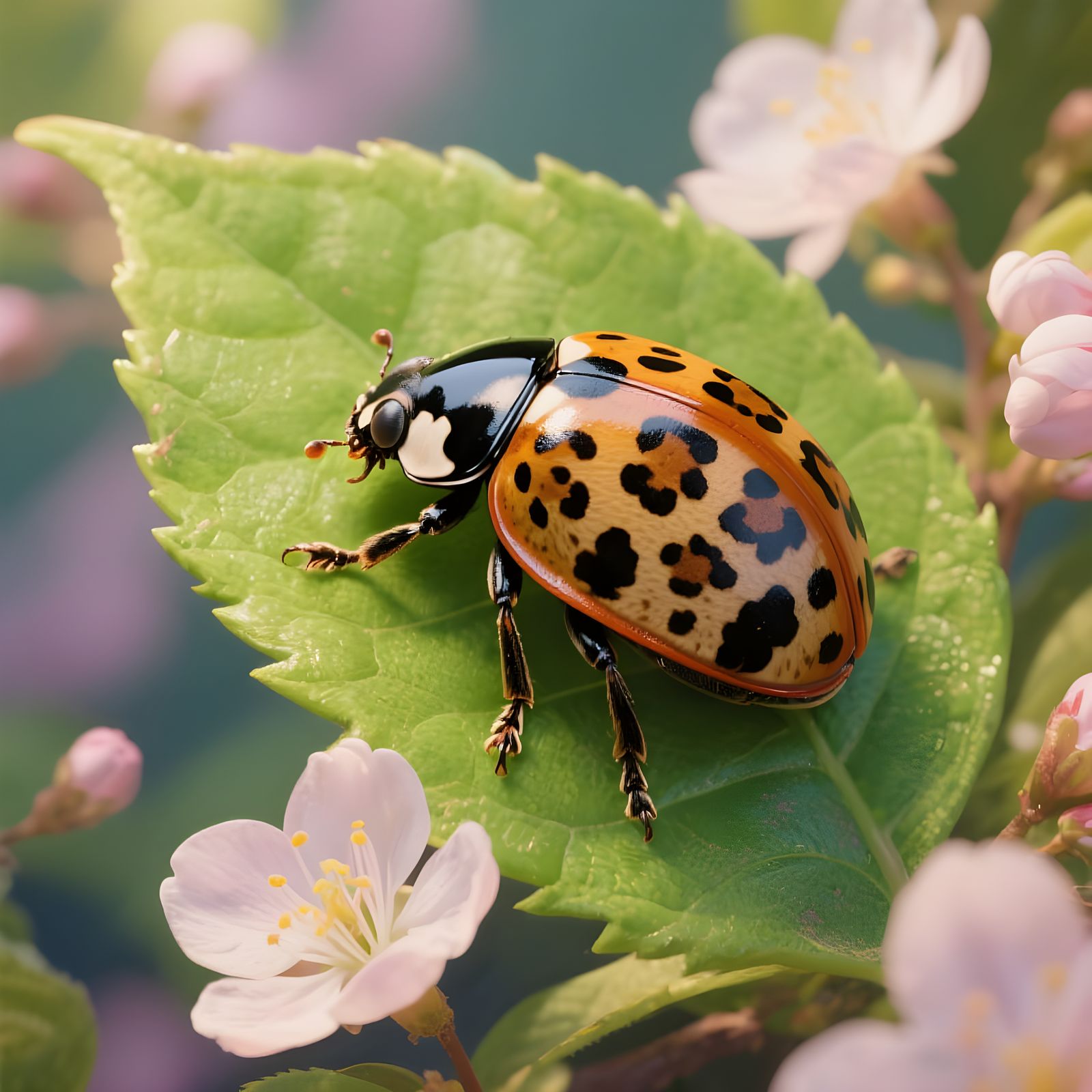 Leopard Print Ladybug on Leaf in Idealized Realism Style