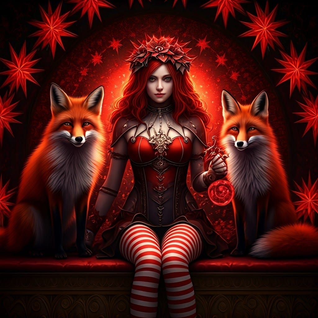 Epic Red and White Digital 3D Art of Jester Girl and Fox in....