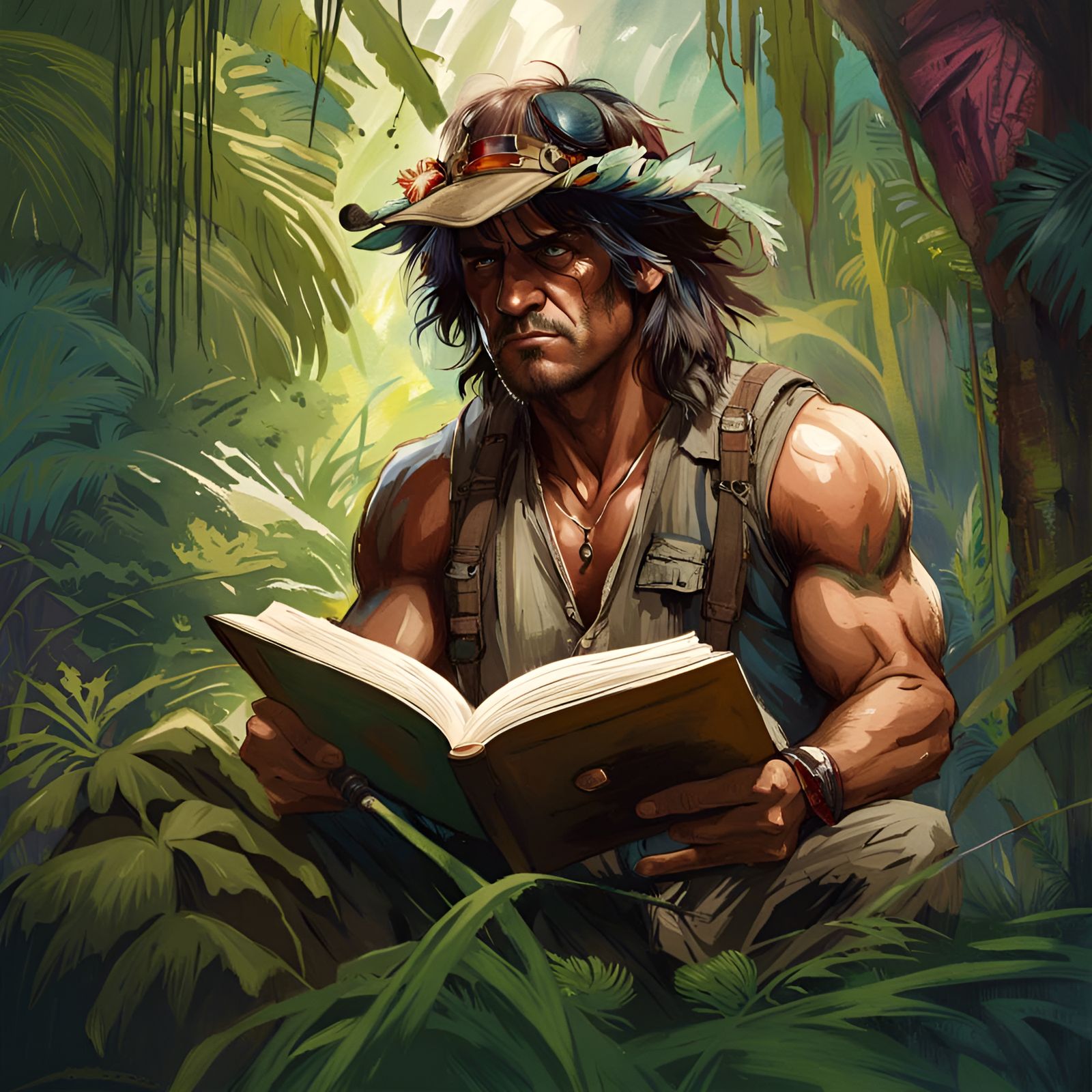 Rambo Reading: Digital Portrait in Jungle Setting
