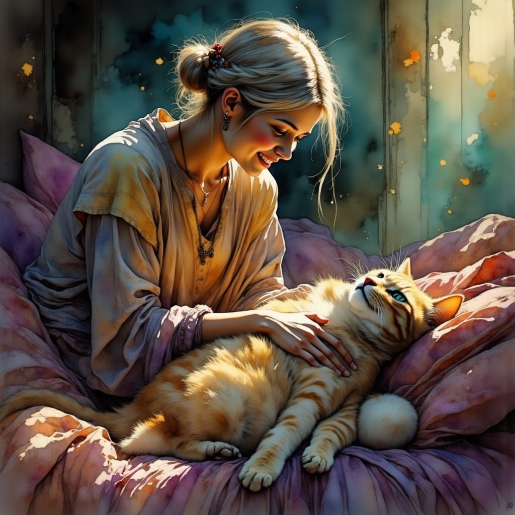 Angel Cat Visits Old Cat: Matte Painting