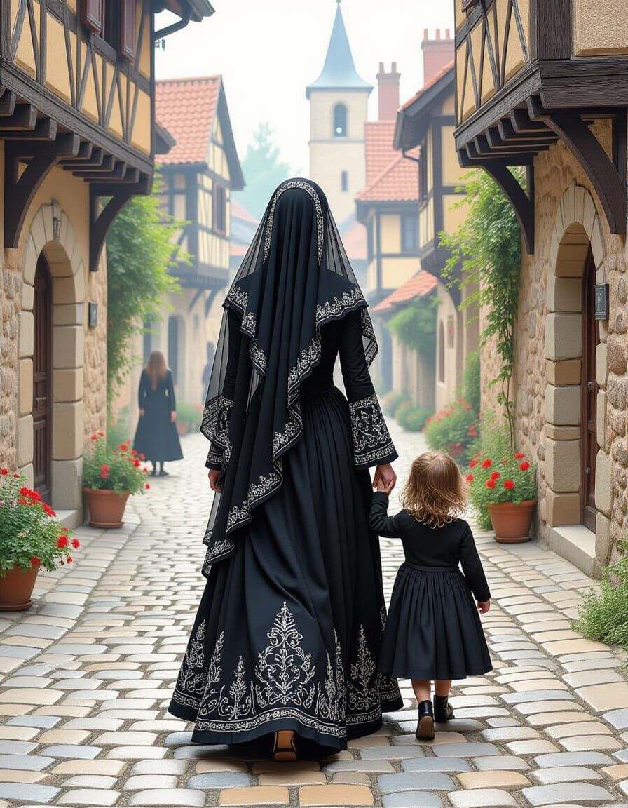 Mysterious Woman in Medieval Town with Opal Veil