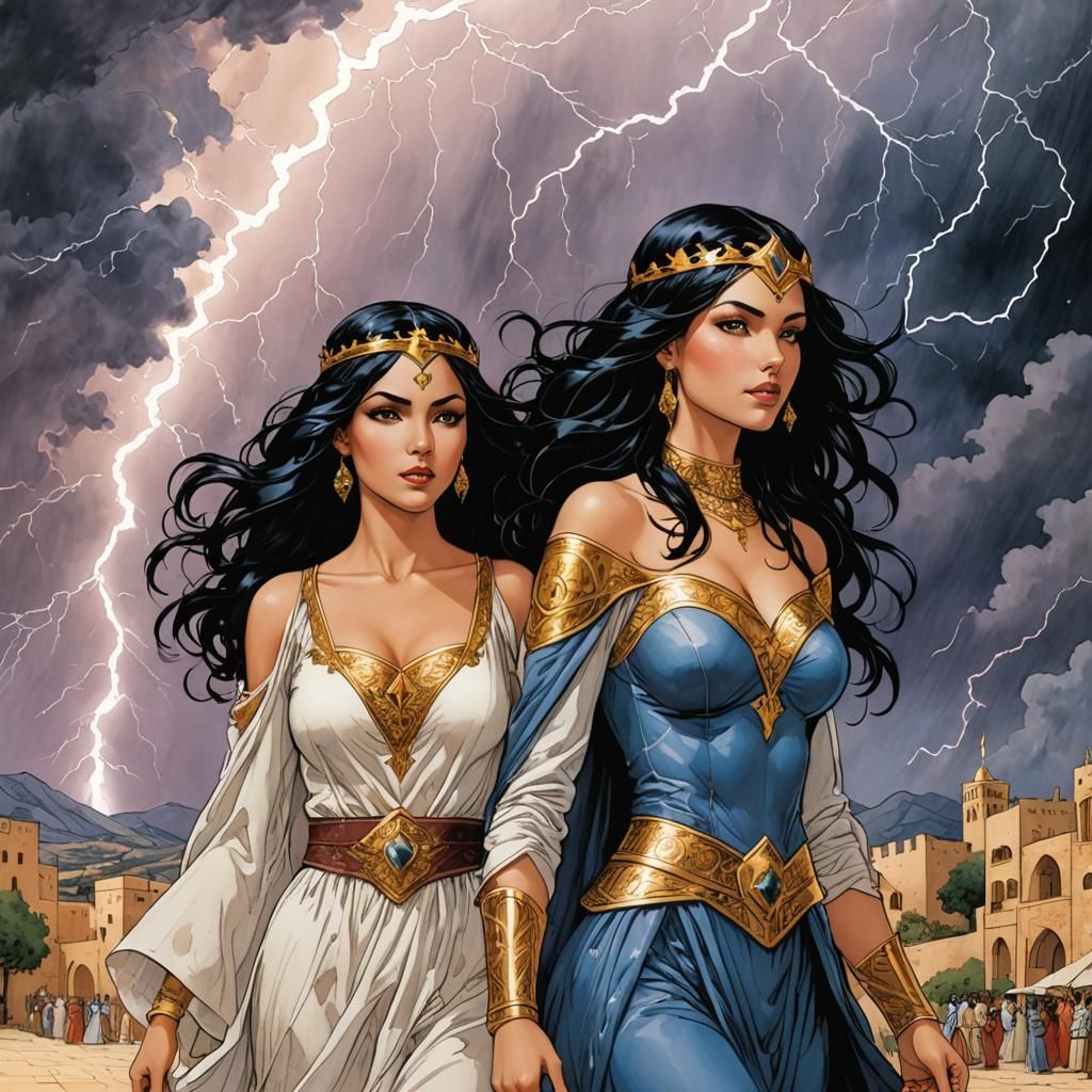 Arabian Princesses in Lightning Storm, Graphic Novel Style