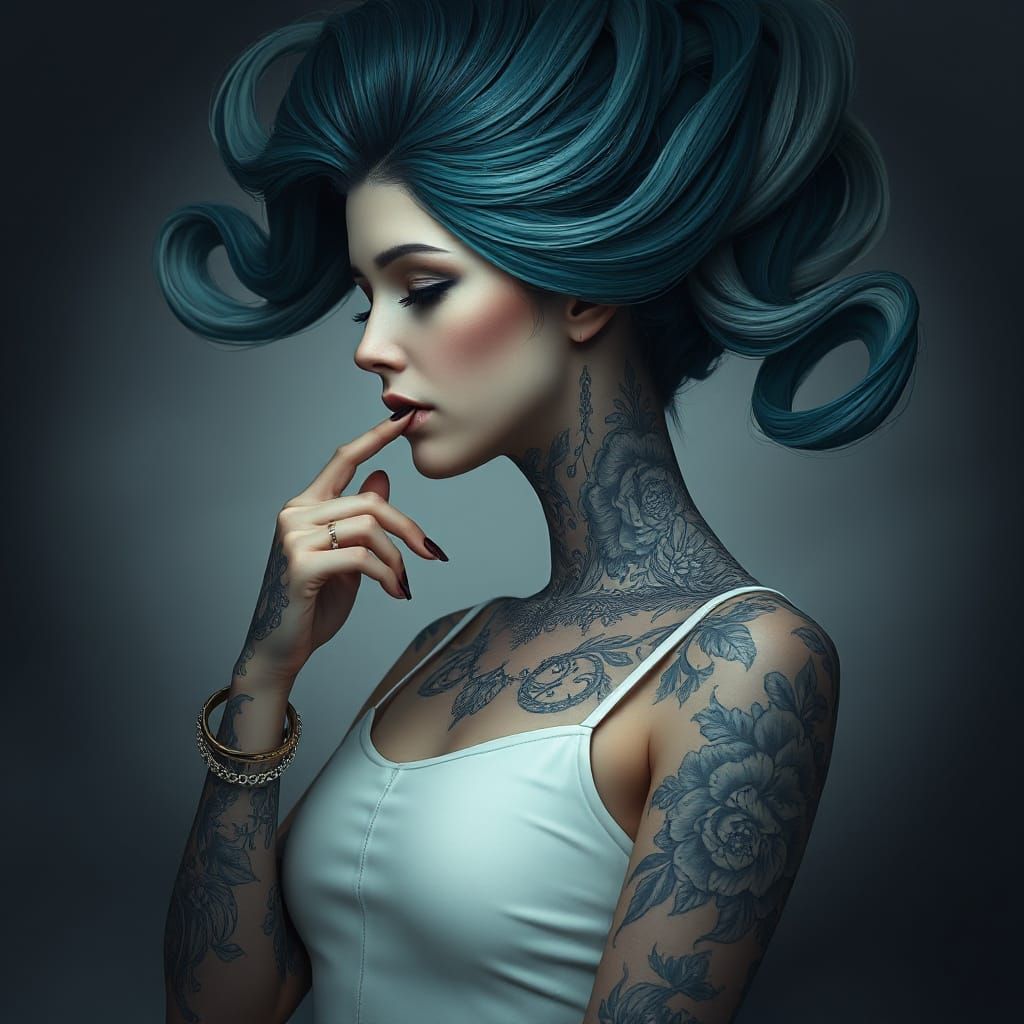 Gothic Beauty in Deep Blues and Whites, with Intricate Tatto...