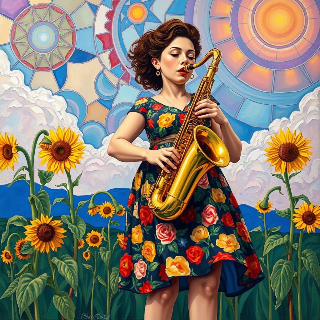 Woman Plays Saxophone Amidst Sunflowers, Neo-Expressionist S...