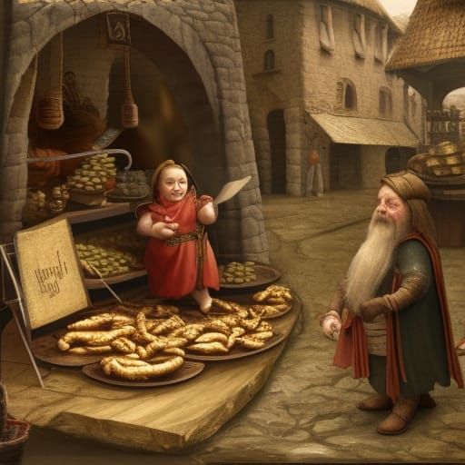 Medieval Dwarf Selling Baby Dragon: Detailed Matte Painting