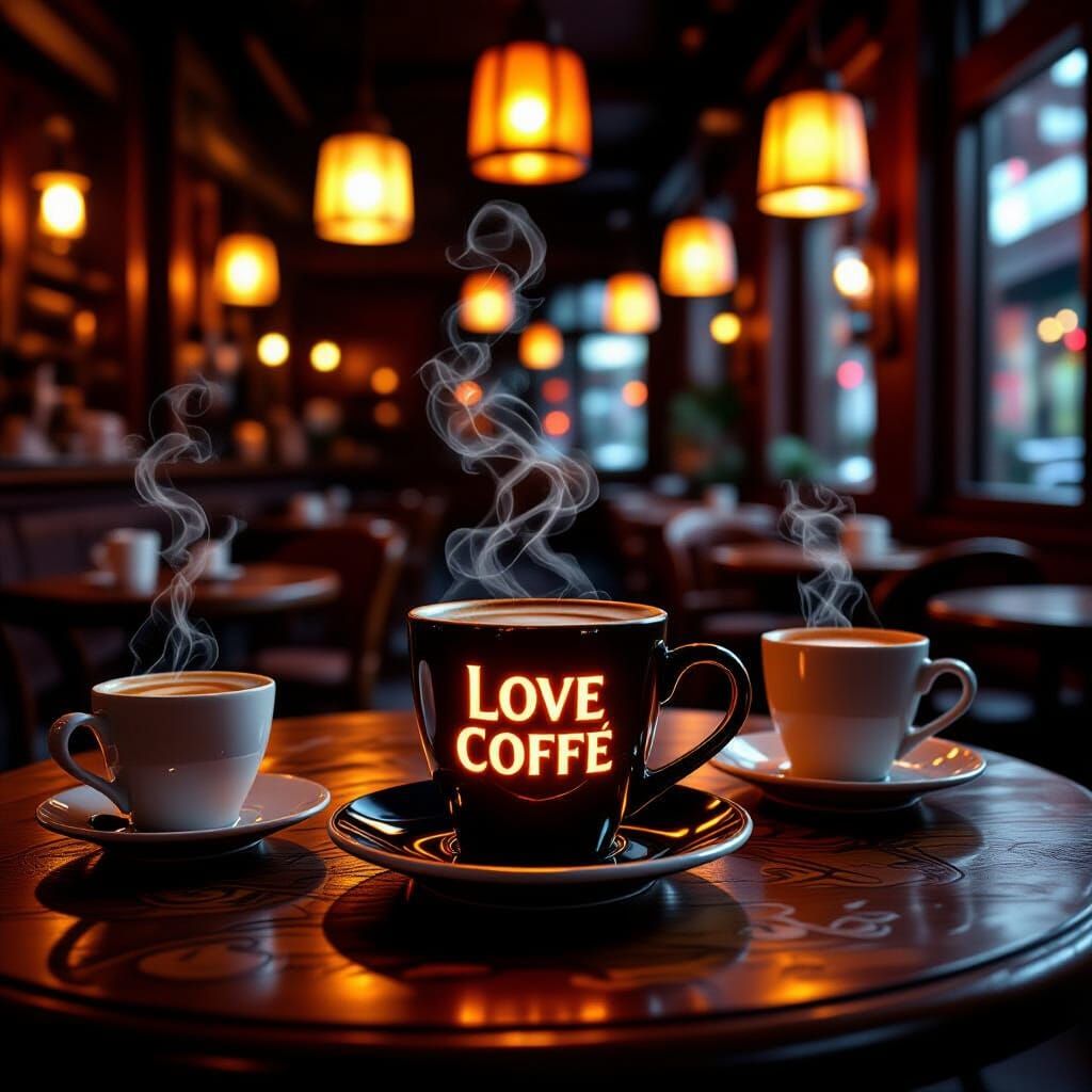 Cozy Cafe at Night With Floating Lanterns and Magical Coffee