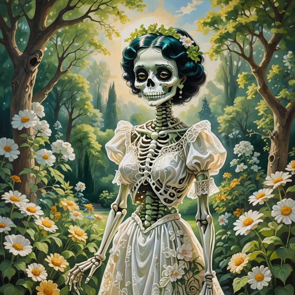 Betty Boop Skeleton in Garden, Rocco Style Oil Painting