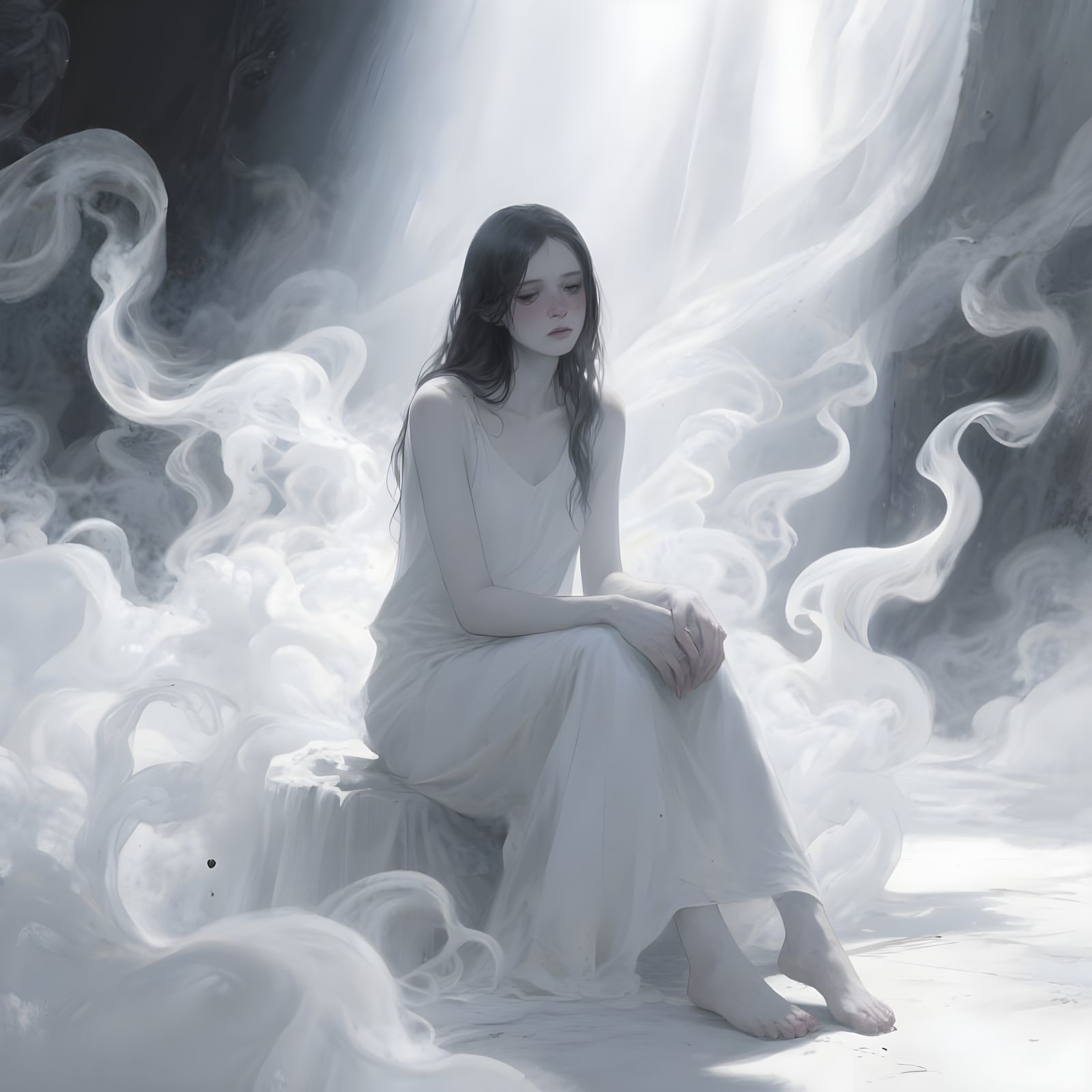 Expressive Woman in White Smoke: A Digital Painting