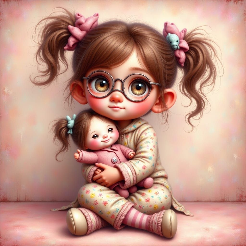 Cute Girl with Glasses Holds Worn Doll in Pink Room