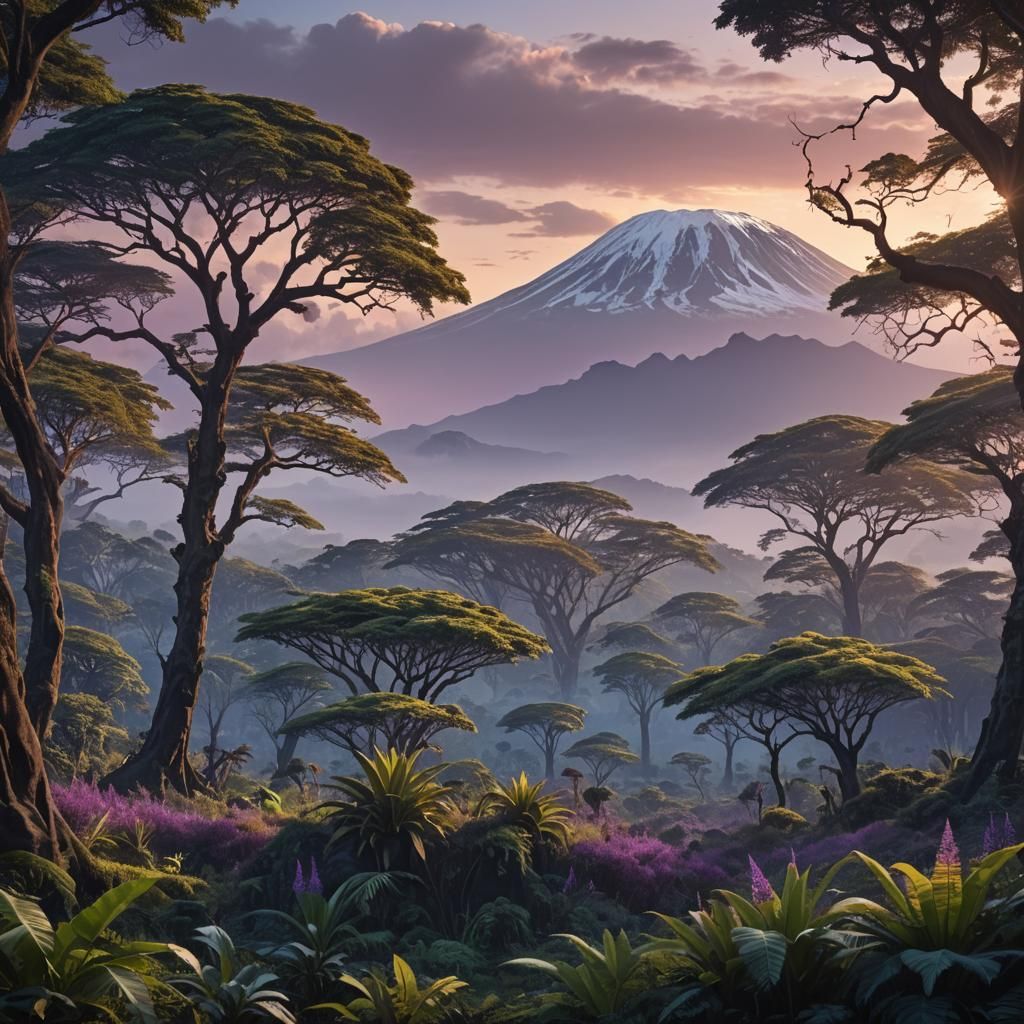Kilimanjaro Rises from Iridescent Forest: Matte Painting