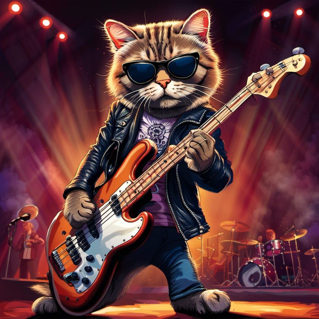 Cat Rock Star Plays Bass Guitar on Stage