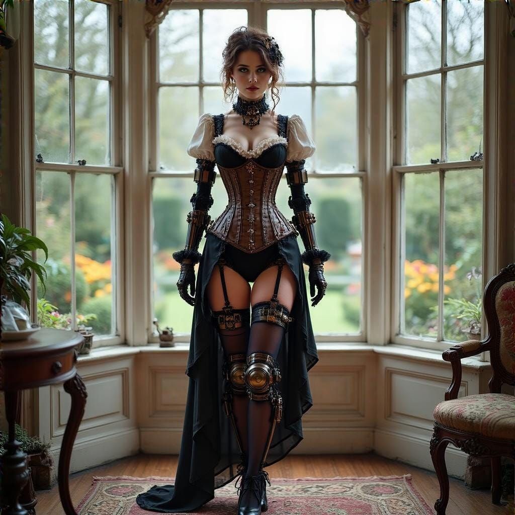 Victorian Steampunk Cyborg in Formal Garden
