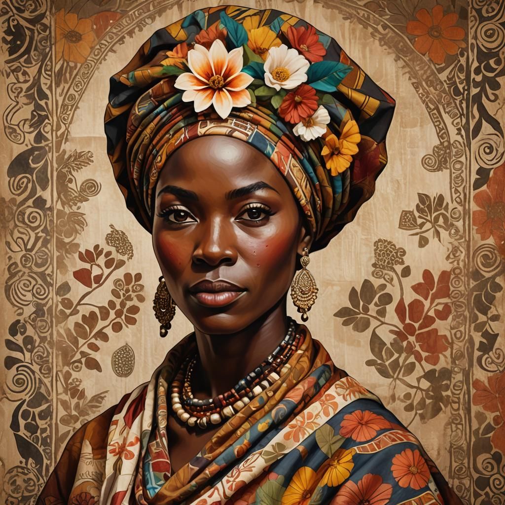 Folk Art Portrait of African Woman in Regalia