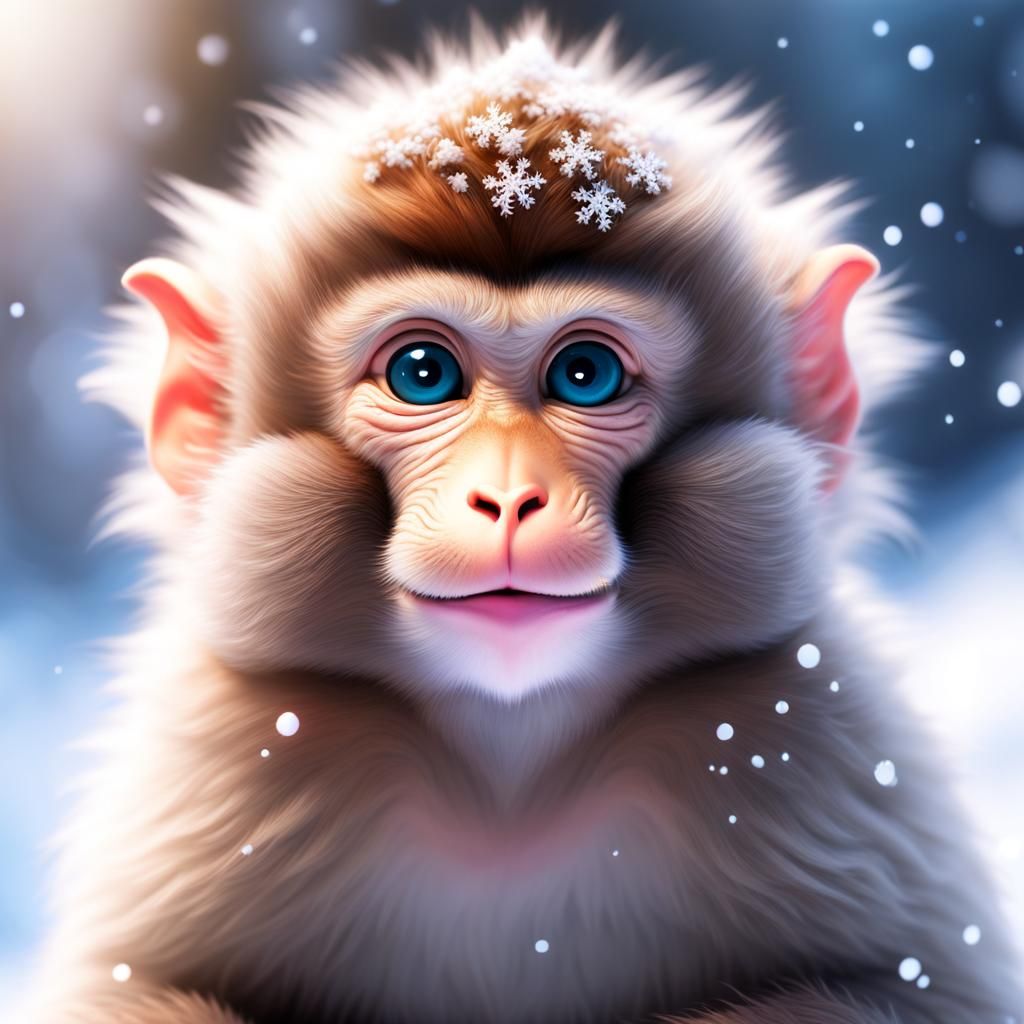 Adorable Fluffy Macaque in Dreamy Winter Scene