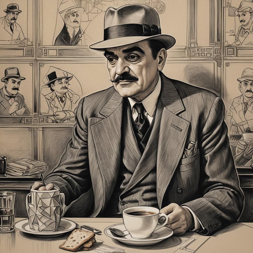Hercule Poirot in Art Deco Charcoal Drawing